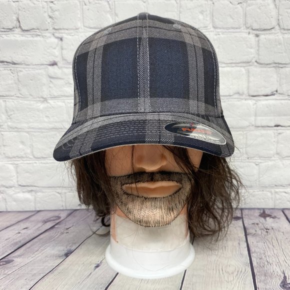 Plaid Hat Cap Stretch Fit L-XL Gray Black Vermillion Bay Embroidered YUPOONG - Picture 1 of 9